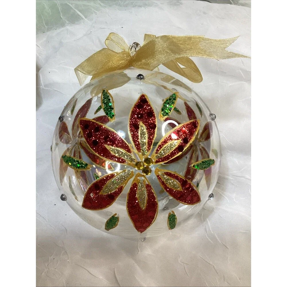 Hand-Blow & Painted Poinsettia  Art Glass Christmas Ornament Set Glitter & Gold